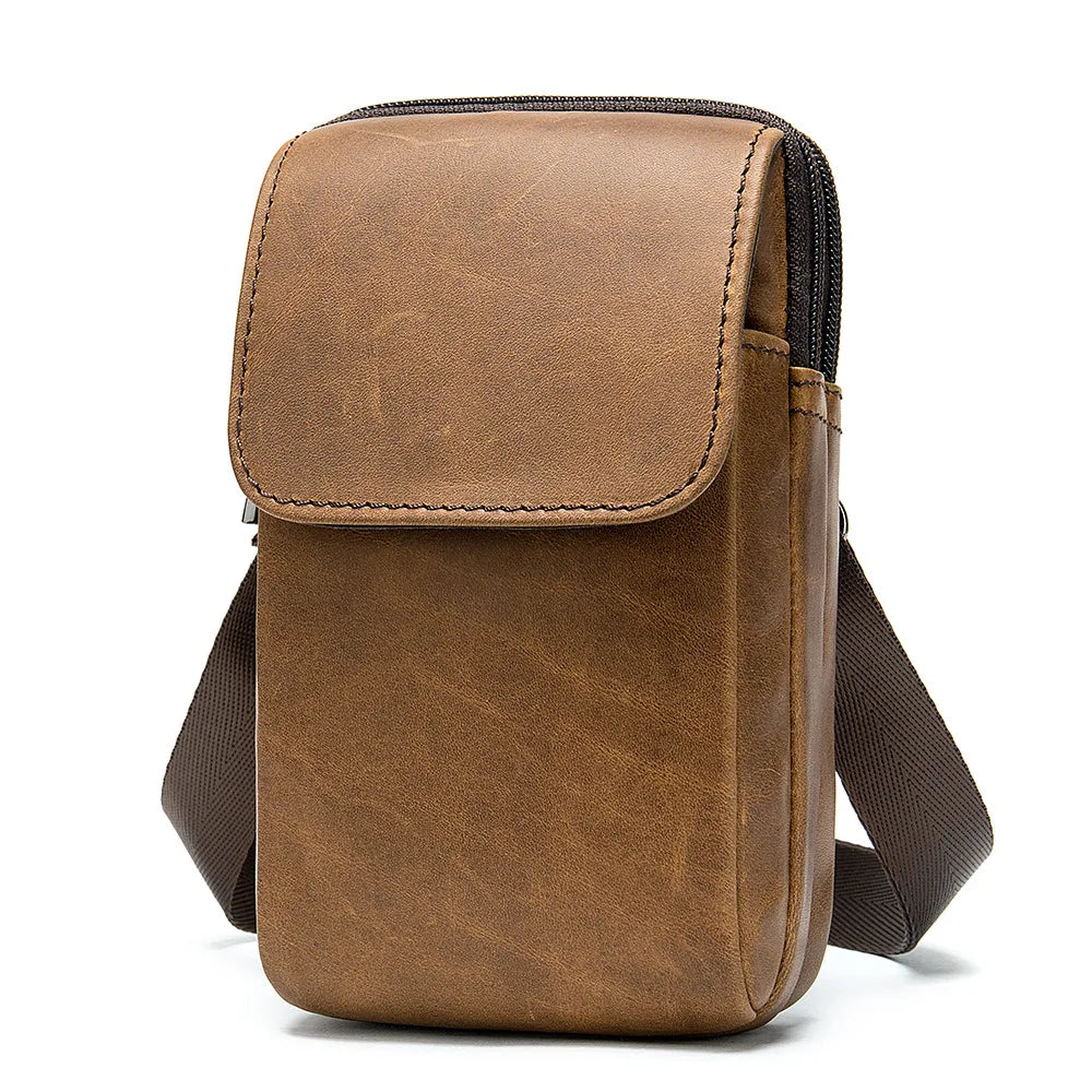 Men Leather Waist Bag Retro Shoulder Bag Outdoor Phone Pockets Waist Pack Bag