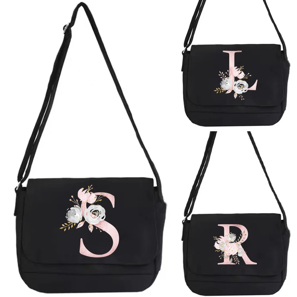 Canvas Messenger Travel Bag Pink Flower Initial Name Print