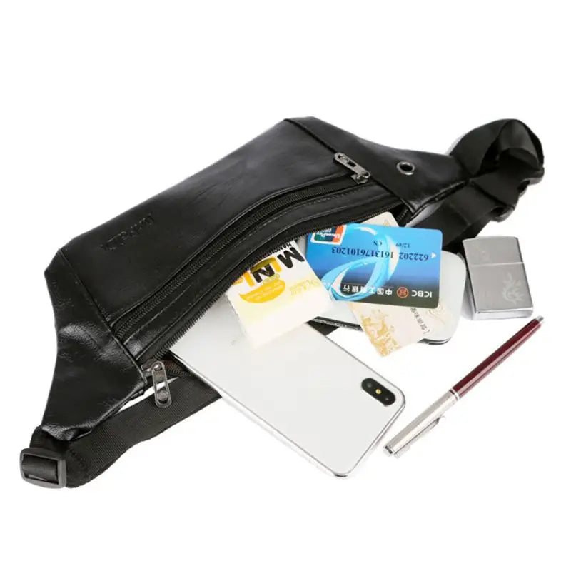 Men PU Leather Belt Bum Waist Pouch Fanny Pack Crossbody Shoulder Sport Zip Bag