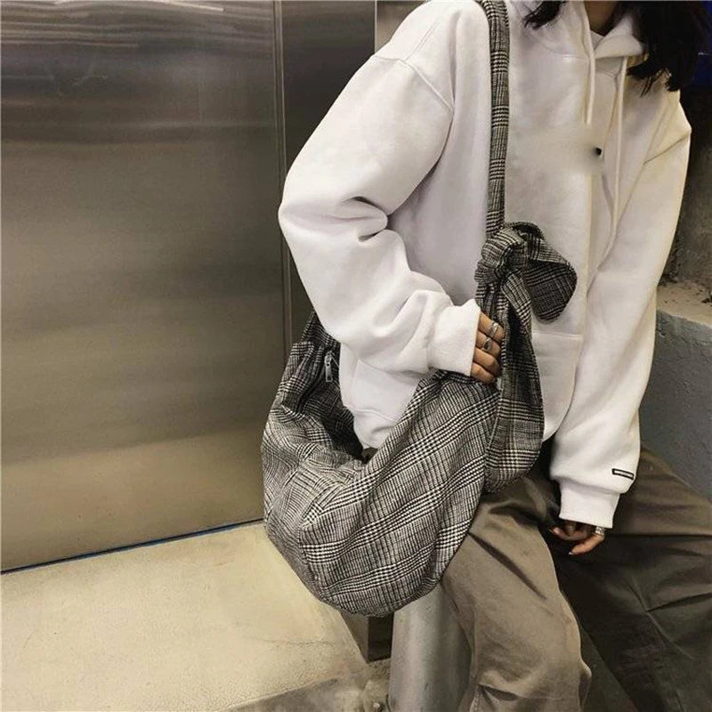 Plaid Dumpling Bag Canvas Shoulder Bag Retro Style Casual Tote Bag