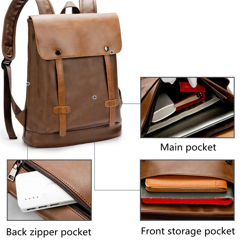 Men's Vintage PU Leather Backpack Anti Theft Waterproof Laptop Bag