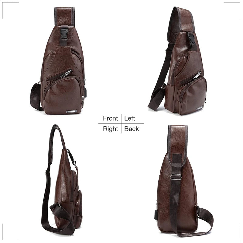 Men's Chest Bag USB Charge Port Crossbody Pu Leather Vintage Business Bag