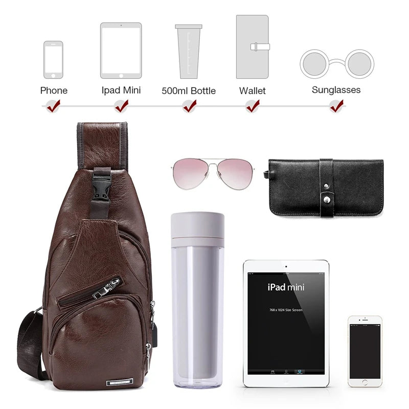 Men's Chest Bag USB Charge Port Crossbody Pu Leather Vintage Business Bag