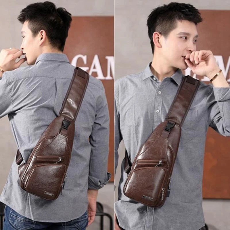 Men's Chest Bag USB Charge Port Crossbody Pu Leather Vintage Business Bag