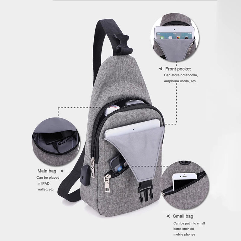 Men's USB Crossbody Chest Bag Canvas Shoulder Pack