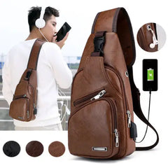 Men's USB Crossbody Bag Leather Shoulder Diagonal Messenger Travel Backpack
