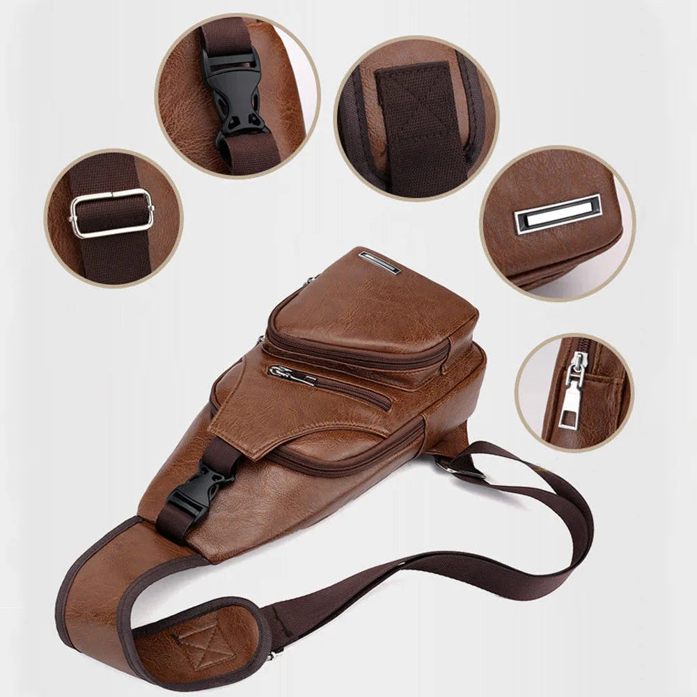 Men's USB Crossbody Bag Leather Shoulder Diagonal Messenger Travel Backpack
