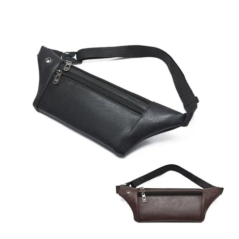 Men's PU Leather 3-Layer Fanny Pack with Earphone Hole Waist Bag