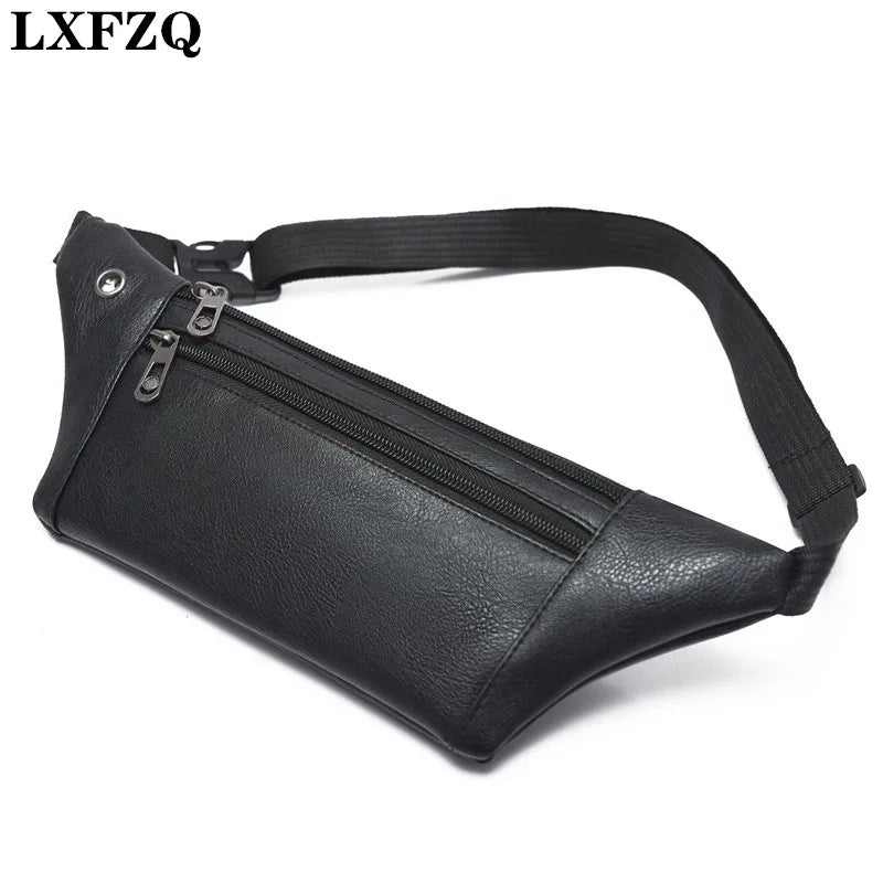 Men's PU Leather 3-Layer Fanny Pack with Earphone Hole Waist Bag