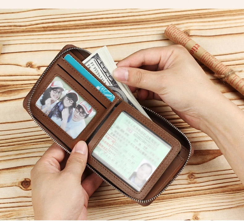 Men's Retro Small Bag Short Moneybag Business Purse Thin Zipper Billfold