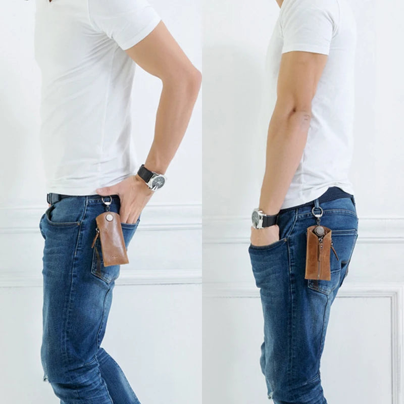 Men's Leather Key Wallet with 6 Key Holder Hooks Zipper Pocket