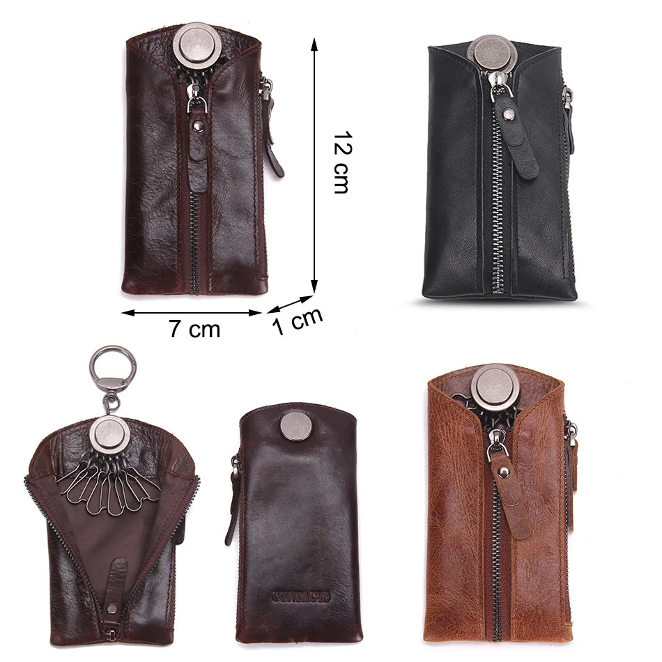 Men's Leather Key Wallet with 6 Key Holder Hooks Zipper Pocket