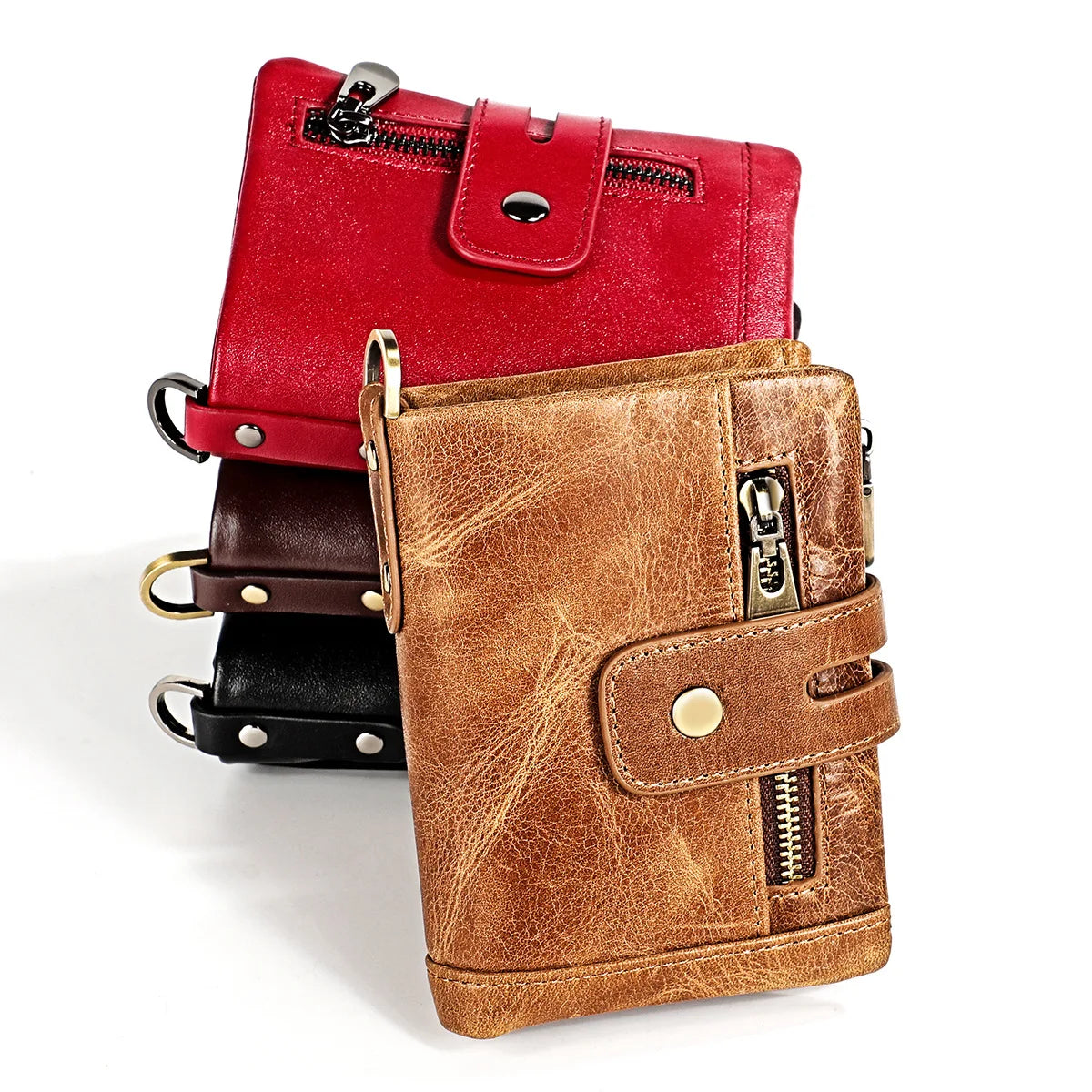 RFID Crazy Horse Leather Zipper Wallet Retro Short Wallet