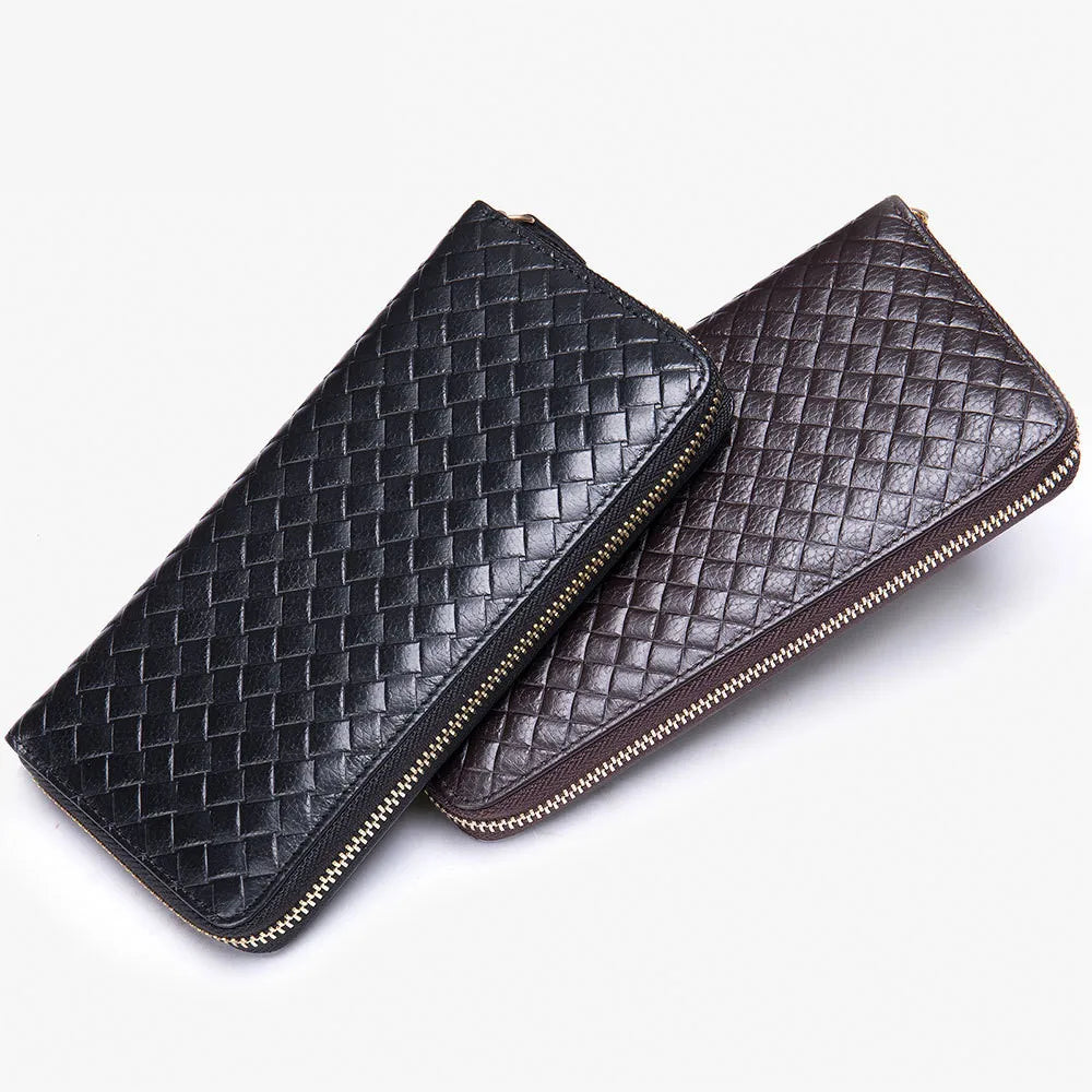 Men's High Weaven Leather Long Wallet Natural Leather Purse
