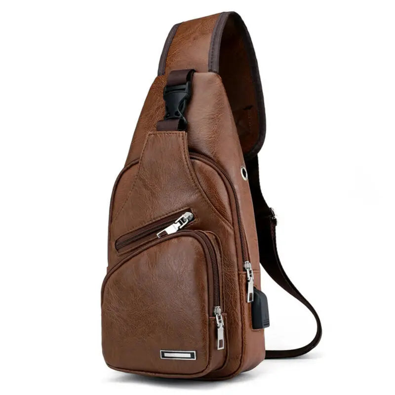 Men's Shoulder Bag Sling Chest Pack PU Leather USB Charging Sports Crossbody Bag
