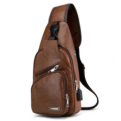 Men's Shoulder Bag Sling Chest Pack PU Leather USB Charging Sports Crossbody Bag