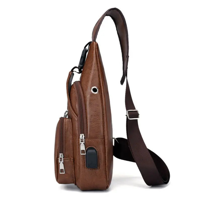 Men's Shoulder Bag Sling Chest Pack PU Leather USB Charging Sports Crossbody Bag