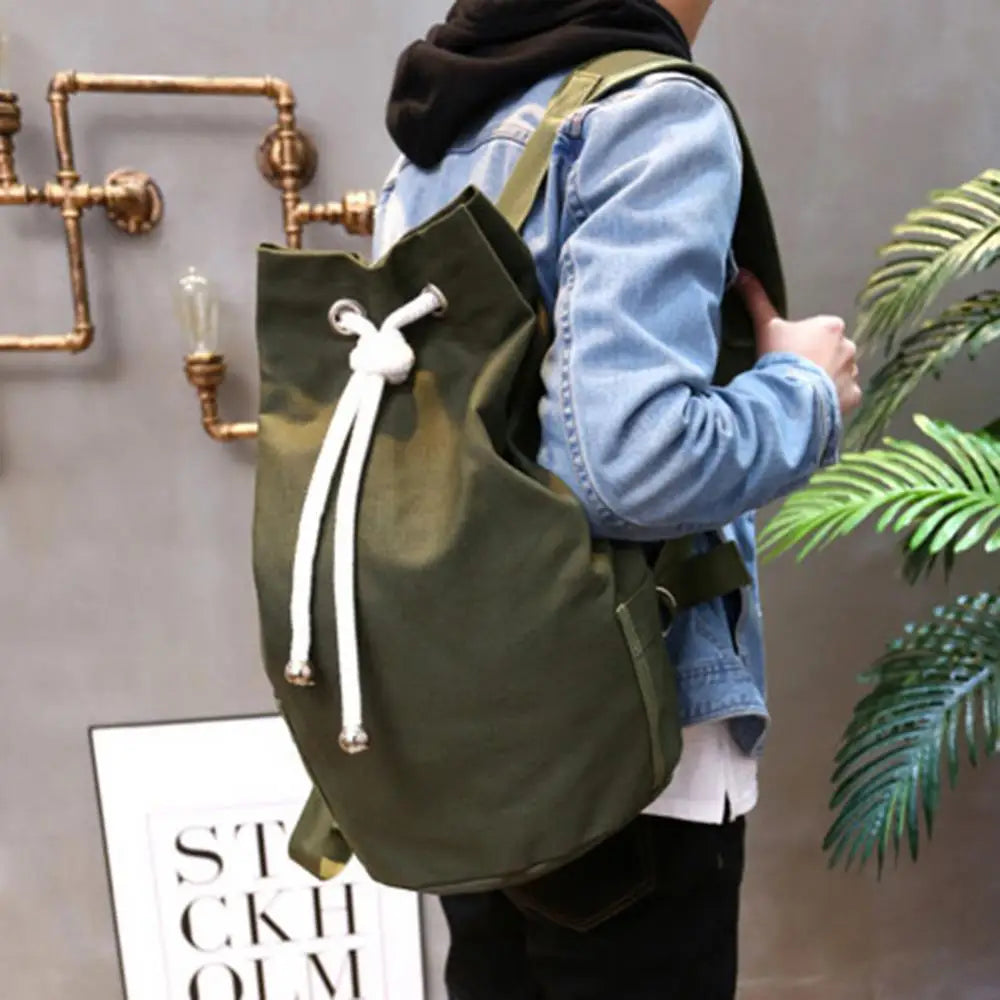Men's Canvas Bucket Bag Drawstring Backpack