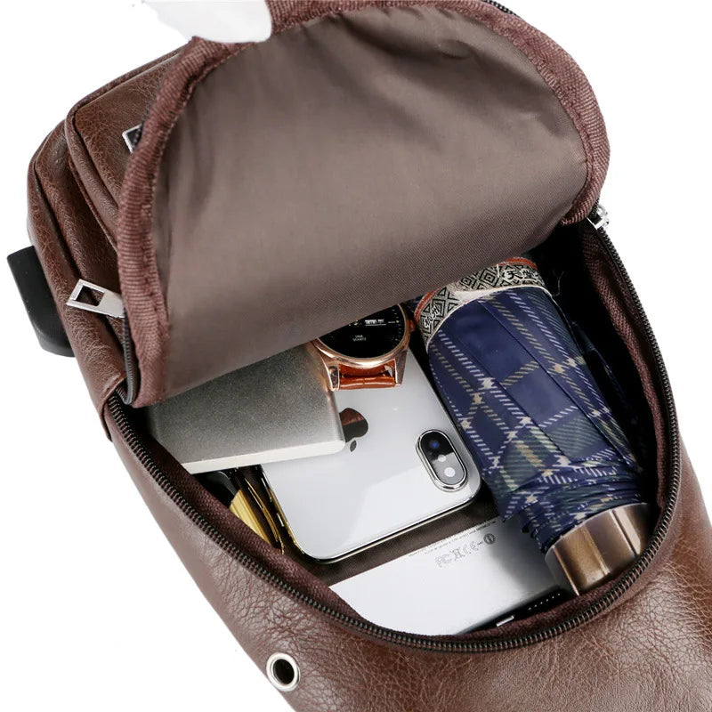 Men's USB Chest Bag PU Leather Shoulder Bags Travel Chest Bag Bolso Hombre