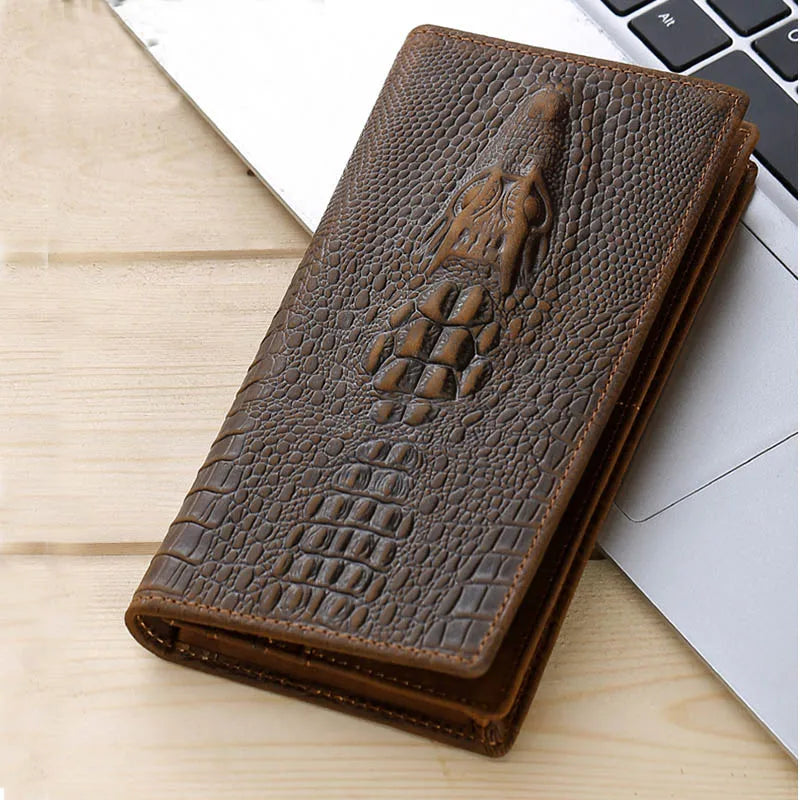 Vintage Crocodile Leather Wallet Brown Bifold Chain Snap Phone Pocket Long Purse
