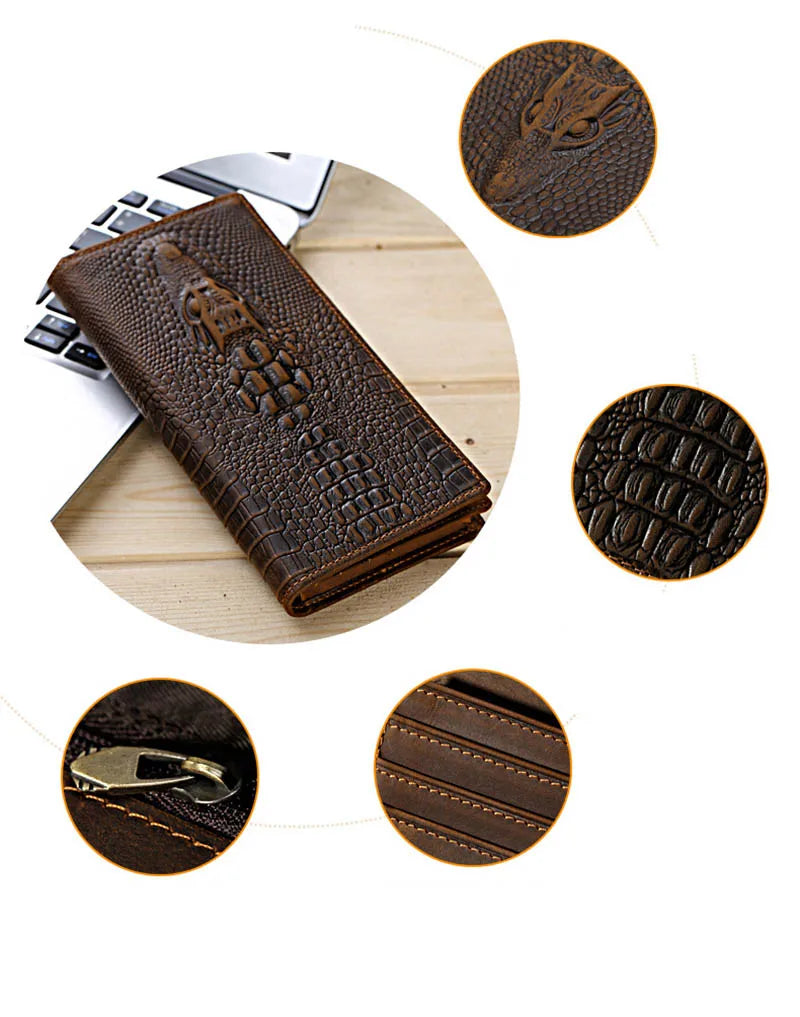 Vintage Crocodile Leather Wallet Brown Bifold Chain Snap Phone Pocket Long Purse