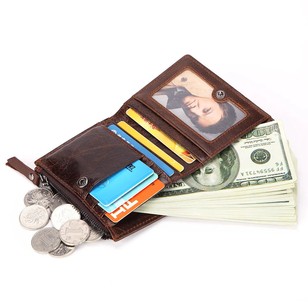 Men's Double Zipper Oil Wax Leather Wallet Coin Purse