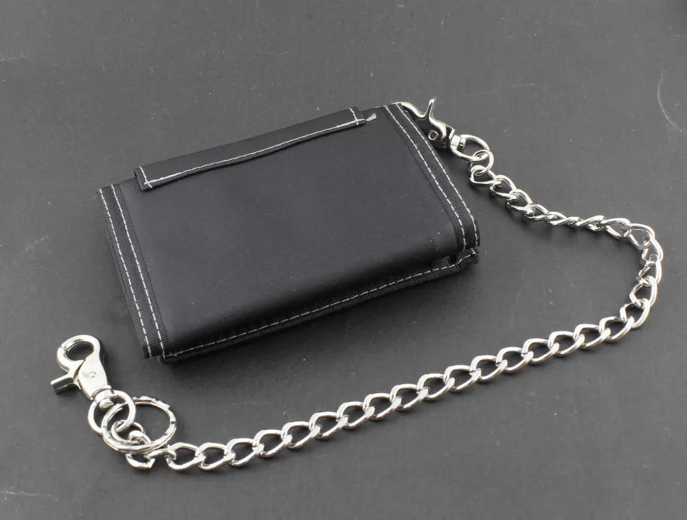 Biker Studded Canvas Trifold Wallet with Chain