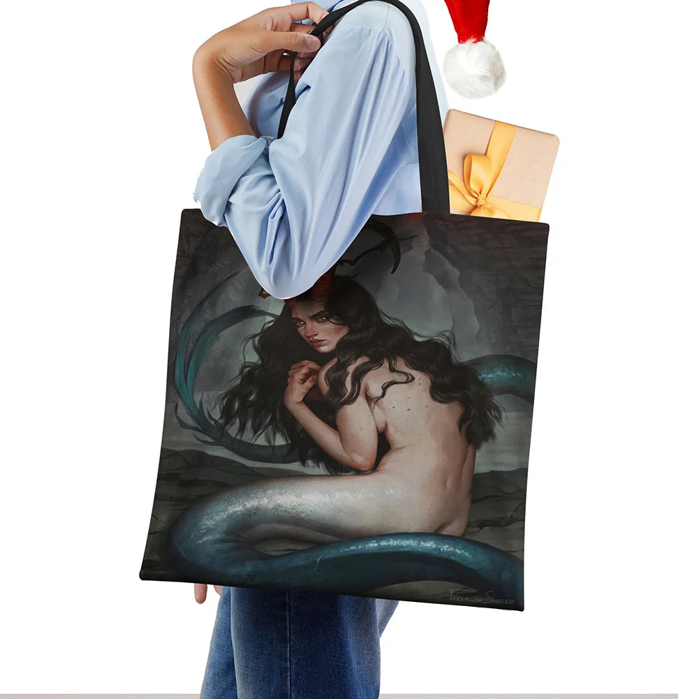 Mermaid Print Tote Shoulder Bag For Women Shopping Reusable Bags Large Travel Sc