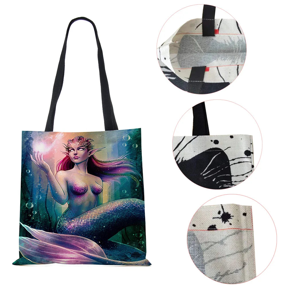 Mermaid Print Tote Shoulder Bag For Women Shopping Reusable Bags Large Travel Sc
