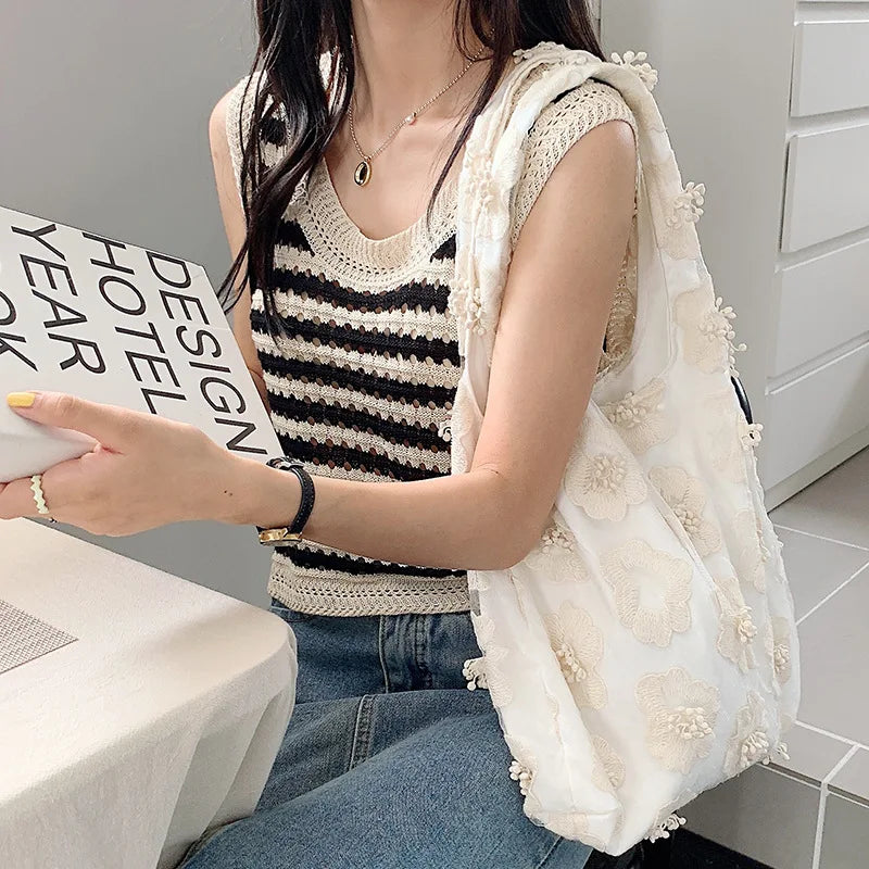 Mesh Embroidered Flower Women HandBag Large Capacity Shoulder Bag
