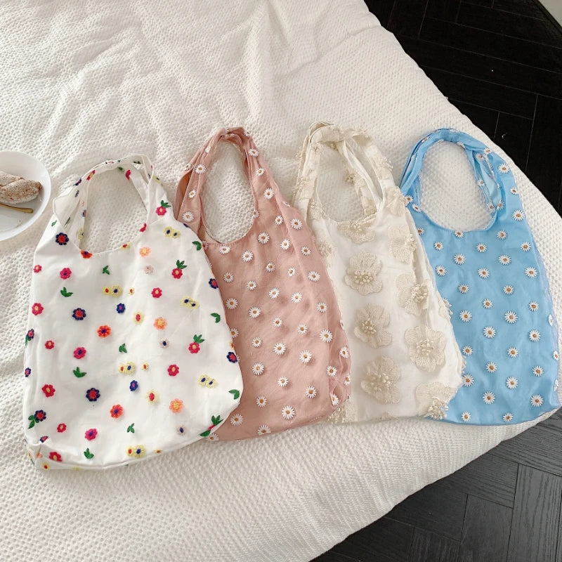 Mesh Embroidered Flower Women HandBag Large Capacity Shoulder Bag