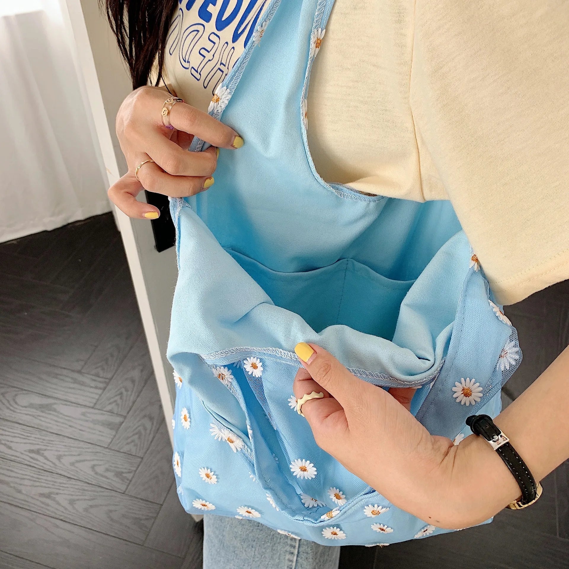 Mesh Embroidered Flower Women HandBag Large Capacity Shoulder Bag