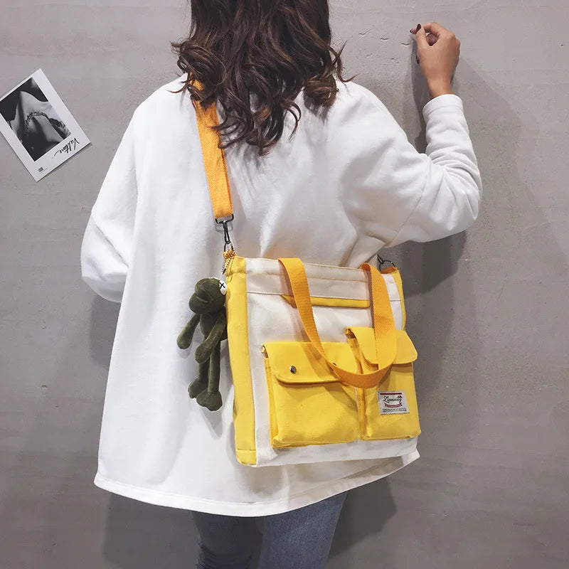 Canvas Messenger Tote Bag with Double Pocket