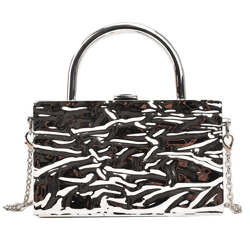 Metal Handle Box Women Party Clutch Bag Silver Tote Bag Crossbody Bag
