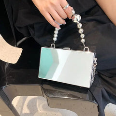 Metal Handle Box Women Party Clutch Bag Silver Tote Bag Crossbody Bag