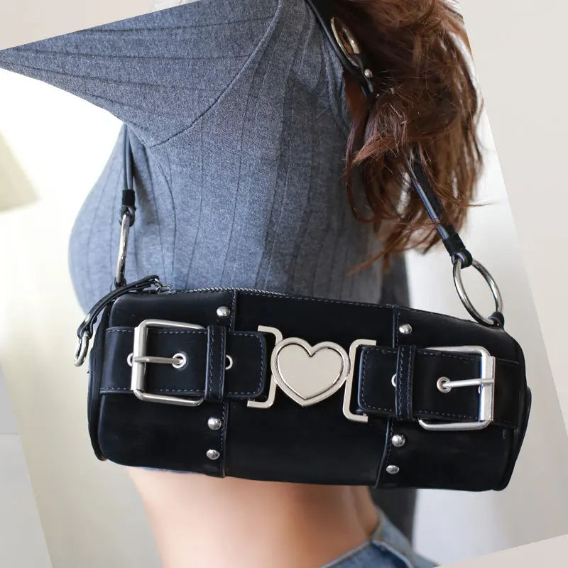 Vintage Metal Heart Cylinder Shoulder Bag for Women