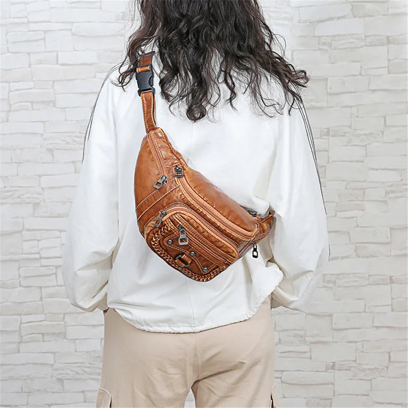 Women Chest Pack Fannybag PU Leather Shoulder Bags Rivet Crossbody Belt Bag