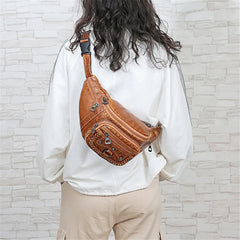 Women Chest Pack Fannybag PU Leather Shoulder Bags Rivet Crossbody Belt Bag