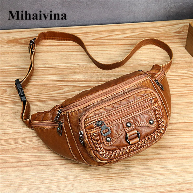 Women Chest Pack Fannybag PU Leather Shoulder Bags Rivet Crossbody Belt Bag