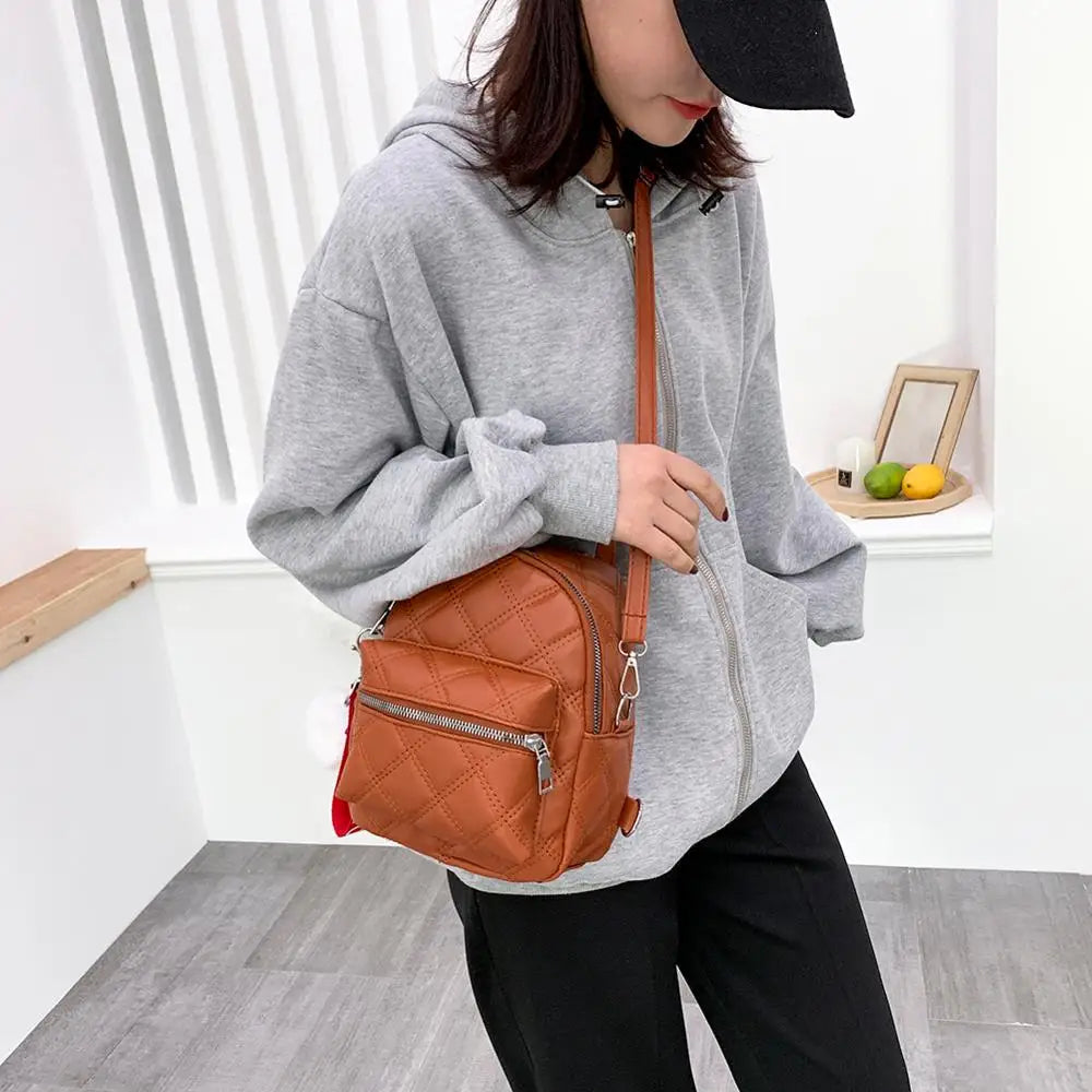 Stone Leather Mini Backpack for Women - Casual Daypack with Hairball