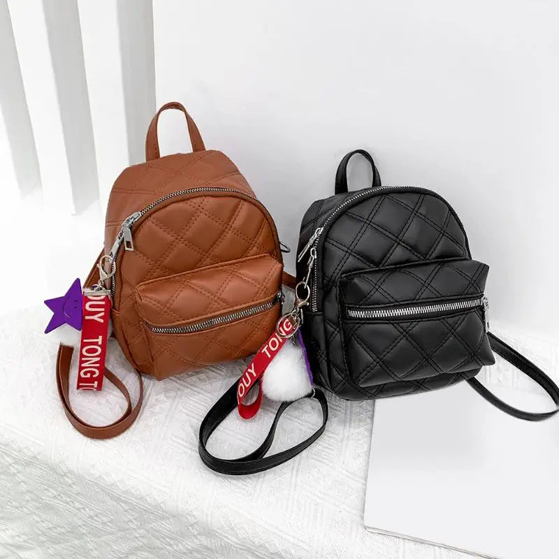 Stone Leather Mini Backpack for Women - Casual Daypack with Hairball