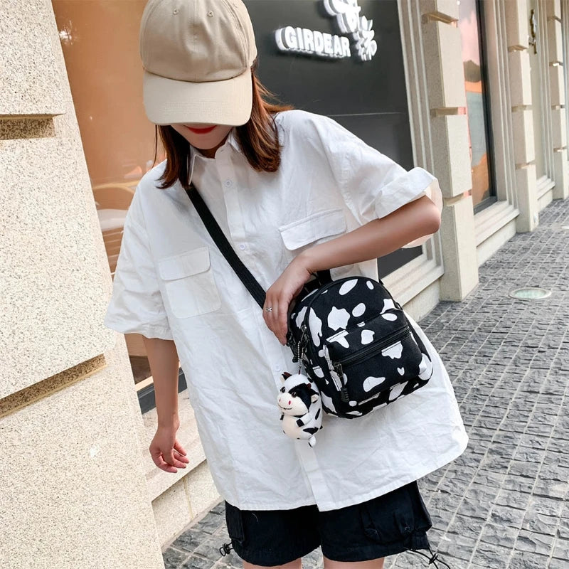 Mini Canvas Cow Print Backpack for Women Girls