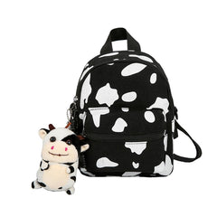 Cow Print Mini Canvas Daypack with Plush Pendant Backpack