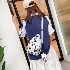 Mini Canvas Daypack with Cow Print Backpack for Women Lady Girls