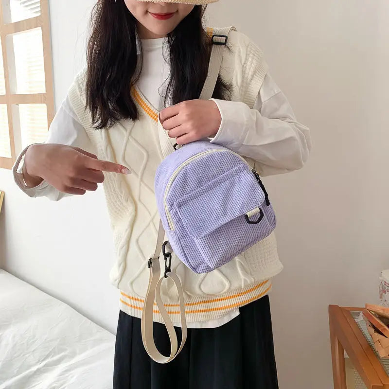 Corduroy Mini Backpack Retro Casual Bag Women School Travel Storage
