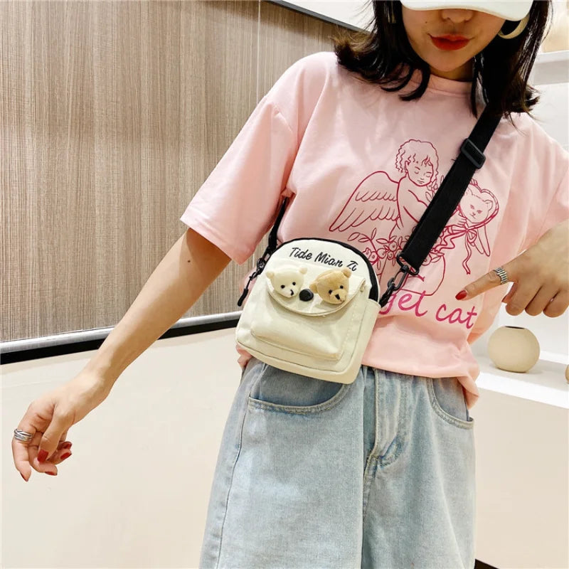 Mini Bear Canvas Handbag Women's Shoulder Bag Small Square Student Messenger Bag
