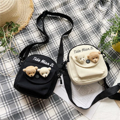 Mini Bear Canvas Handbag Women's Shoulder Bag Small Square Student Messenger Bag