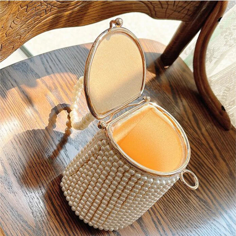 Mini Pearls Bucket Evening Bag Beading Wedding Bridal Clutch Purse