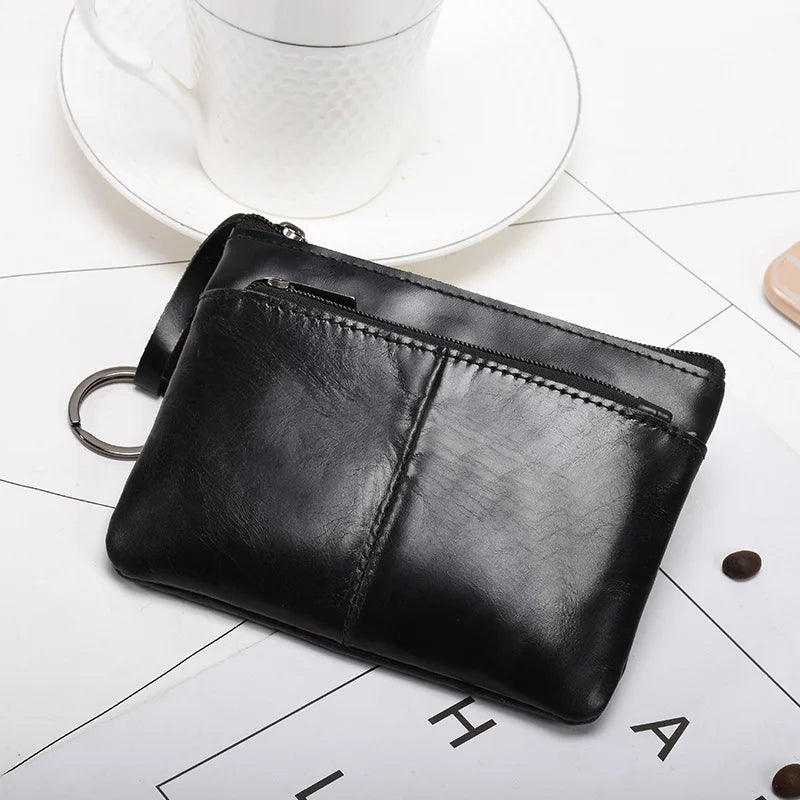 Leather Zipper Vintage Short Slim Mini Purse for Men Women