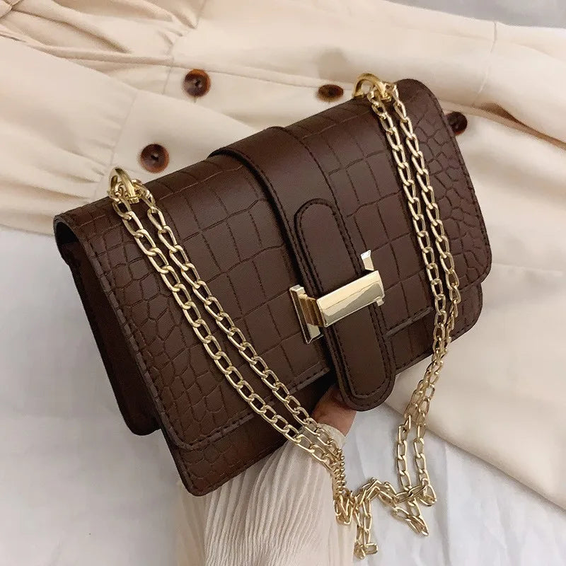 Square Flip Bag PU Leather Women's Handbag Stone Pattern Chain Shoulder Bag